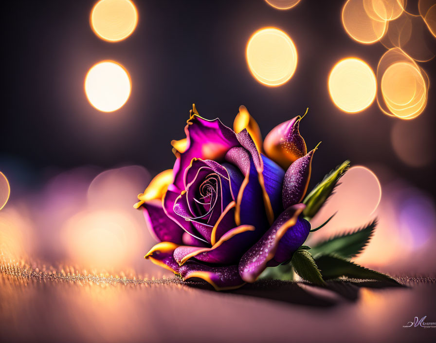 Vibrant Purple Rose with Dew Drops on Warm Bokeh Background