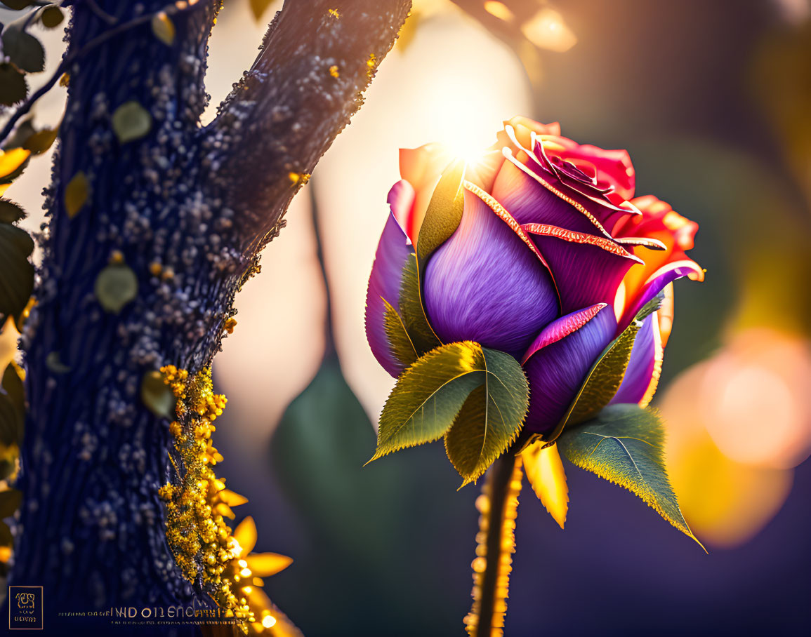 Multicolored rose with purple and yellow petals in golden sunlight.