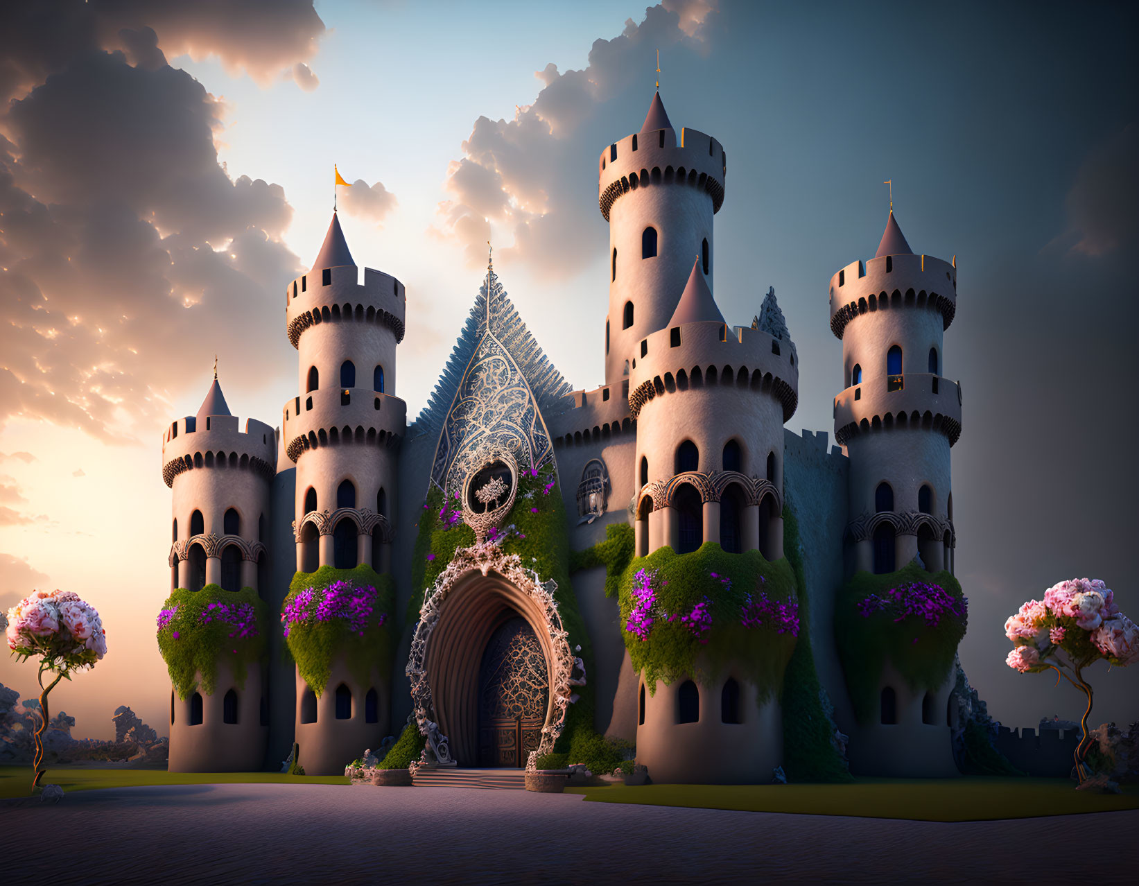 Fantasy castle with spires and arched entrance in twilight setting