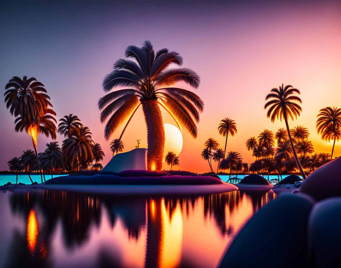 Tranquil tropical sunset with palm tree silhouettes and vibrant sky