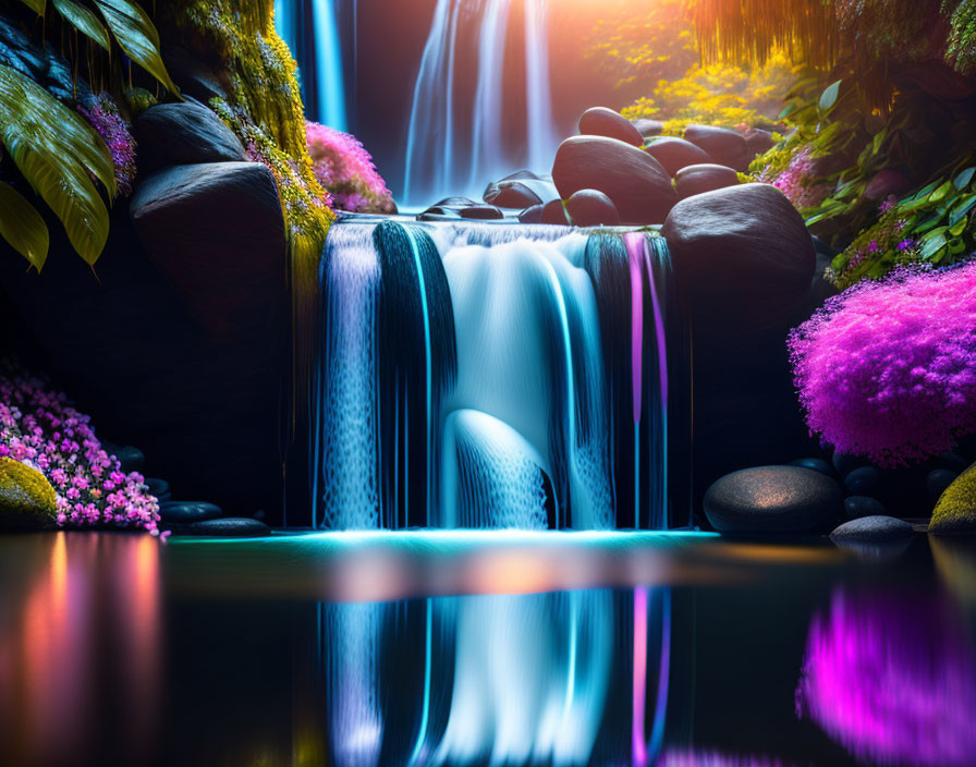 Scenic waterfall with blue hues, greenery, pink flowers, and smooth stones