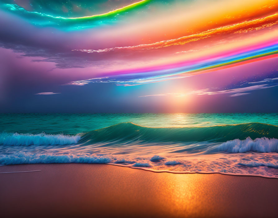 Colorful Sky and Aurora Lights Over Ocean Shore at Sunset