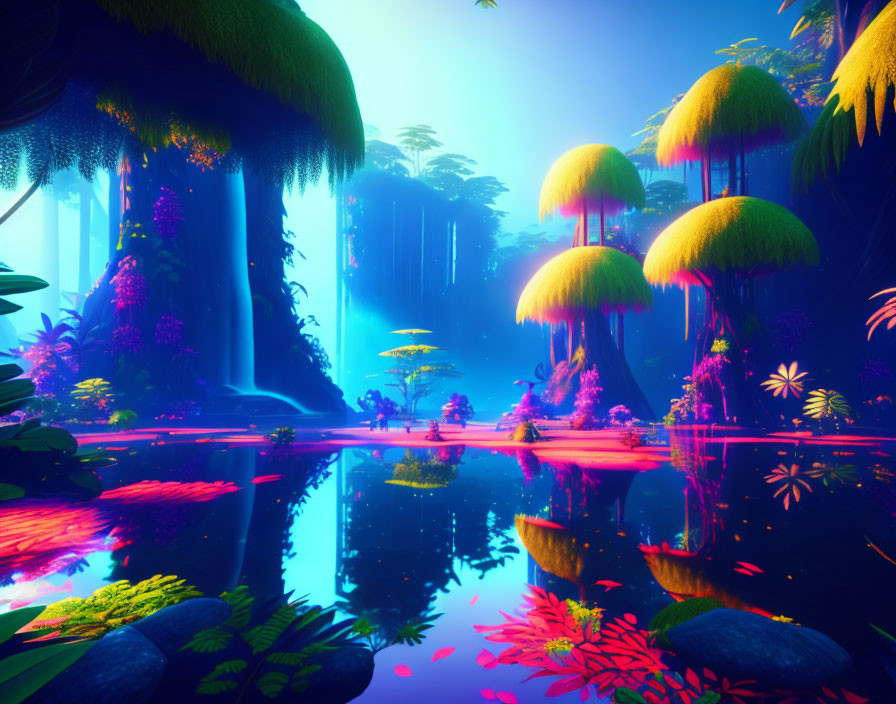 Surreal alien forest landscape with luminescent plants and reflective water