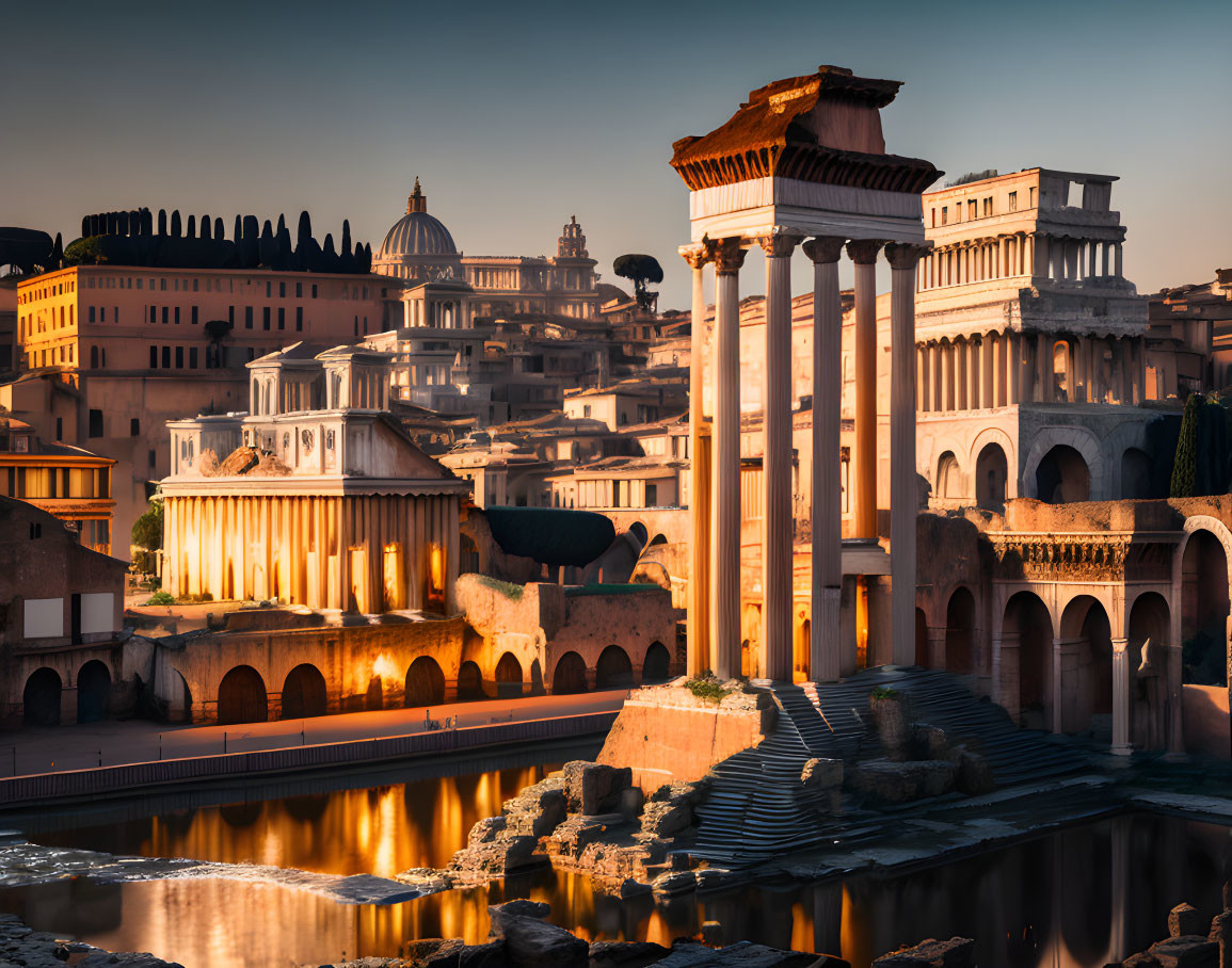 Ancient Roman Forum Ruins in Warm Sunset Light