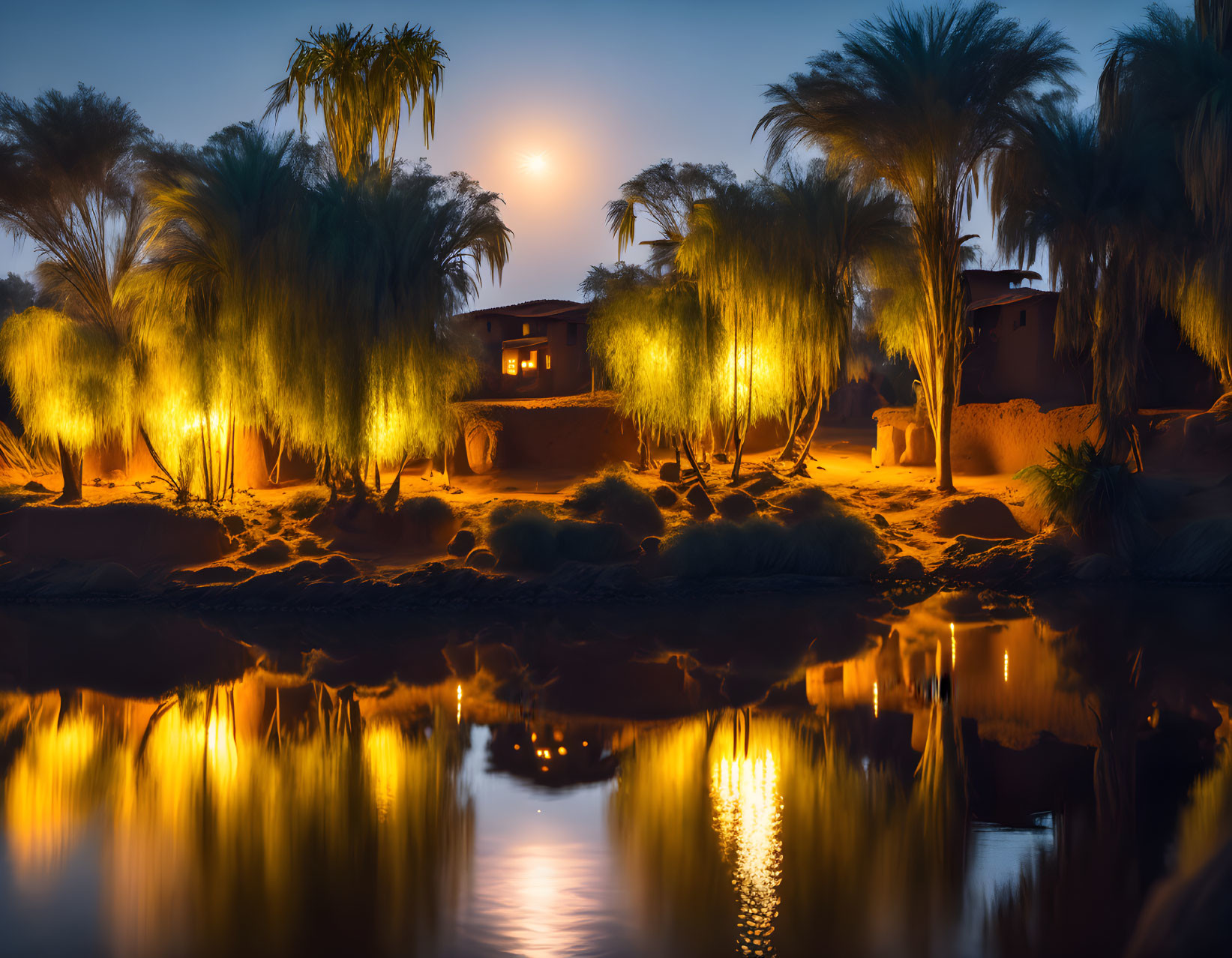 Twilight scene: illuminated palm trees, reflective water, traditional building under moonlit sky