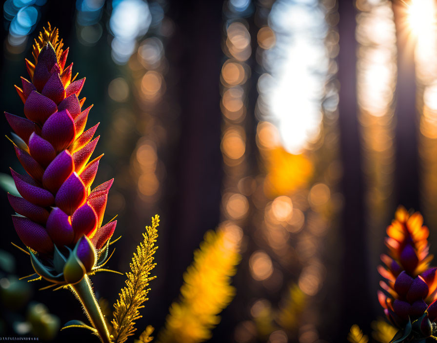 Vibrant purple flower against golden sunset and forest backdrop