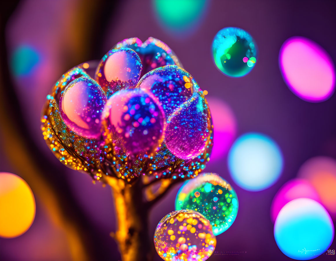 Vibrant bokeh effect with colorful bubbles on branch