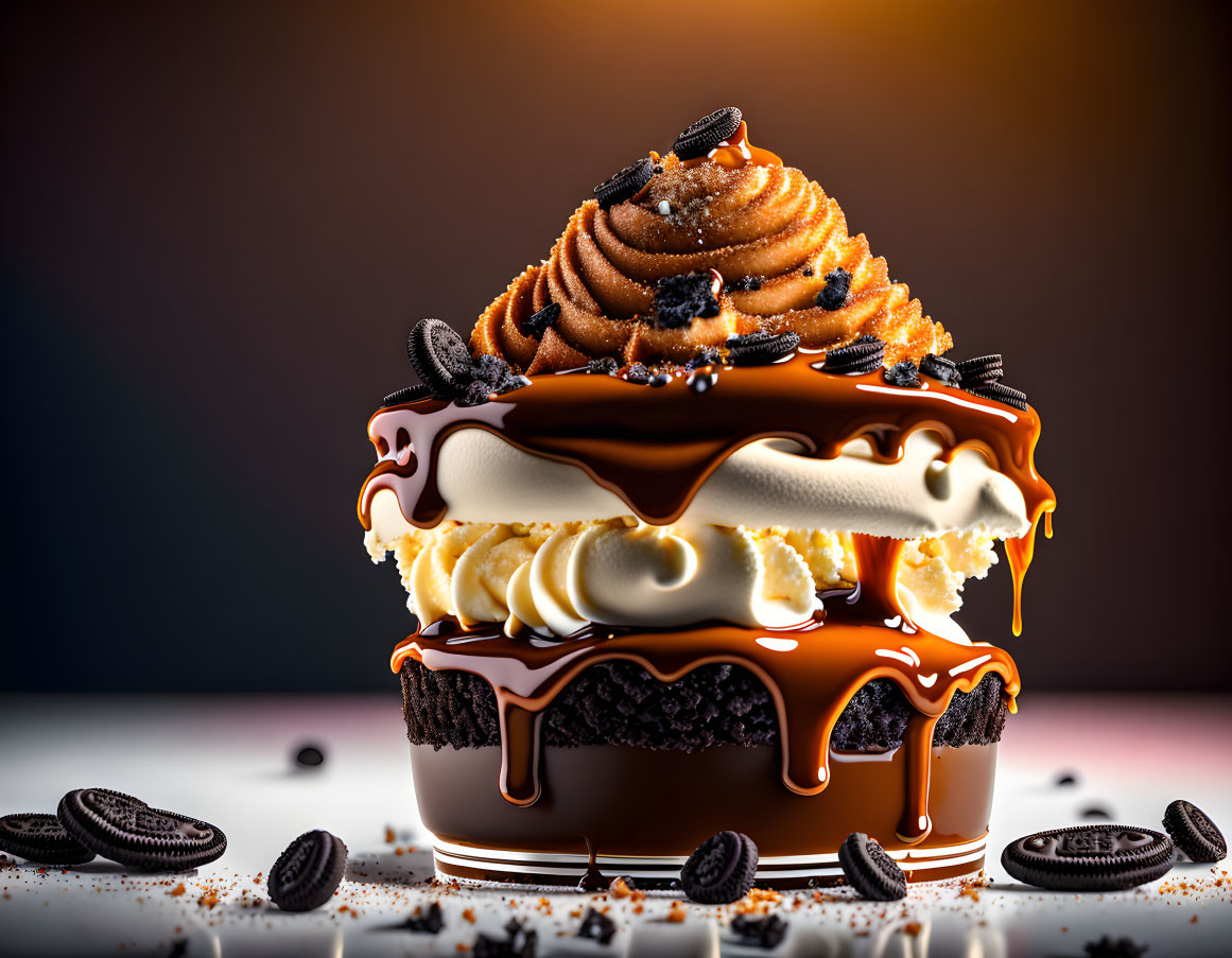 Decadent Oreo-based dessert with cream layers and chocolate frosting