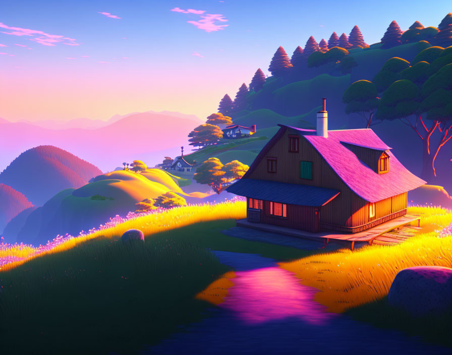 Vibrant landscape with cozy cottage at sunset