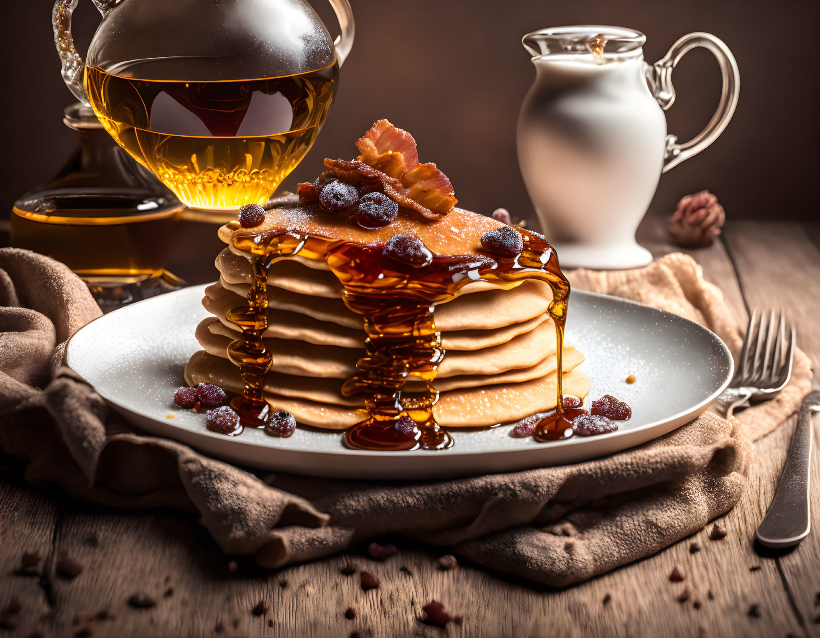 Pancakes with Syrup, Cranberries, and Bacon on Plate