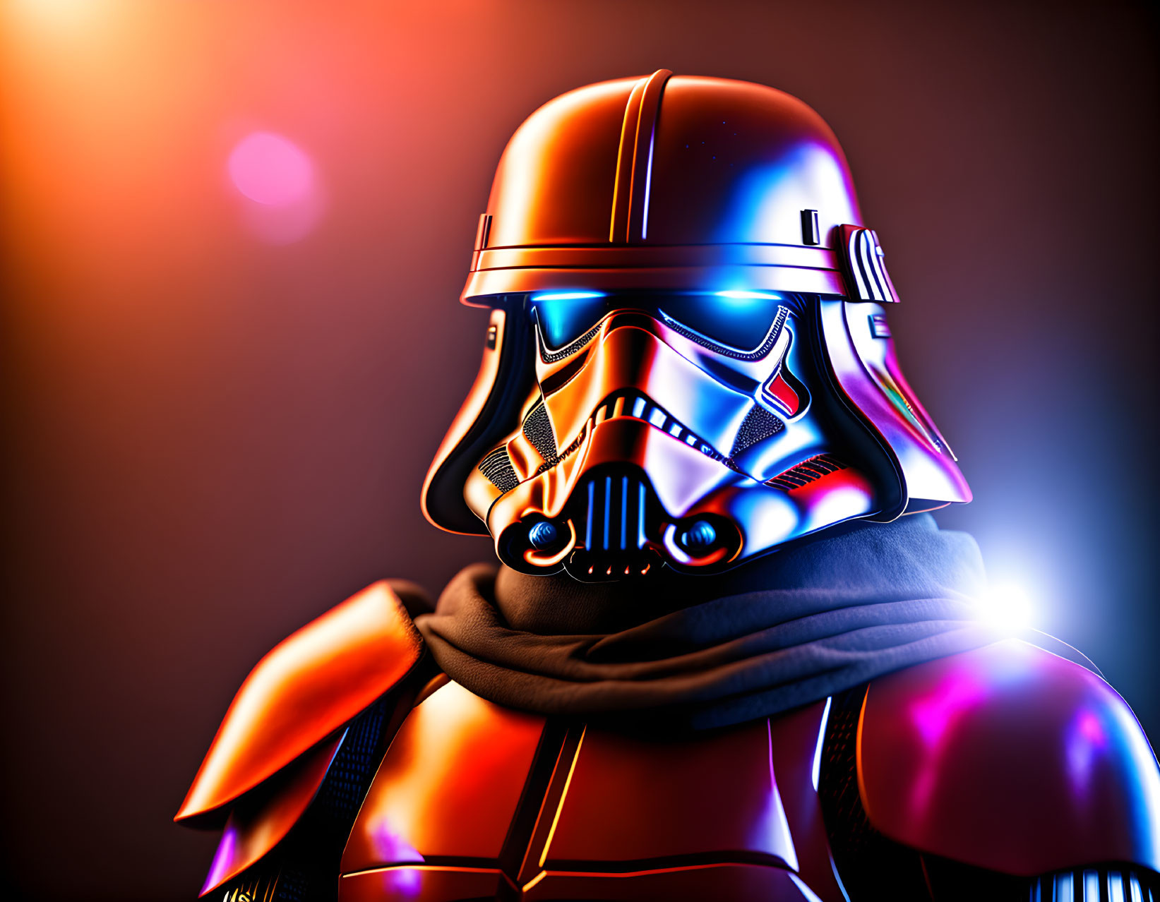 Colorful Stormtrooper Helmet Illustration with Neon Lights on Dark Background