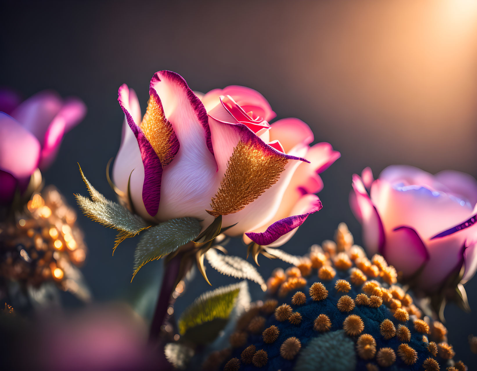 Gradient white to pink rose with warm backlight and soft-focus background