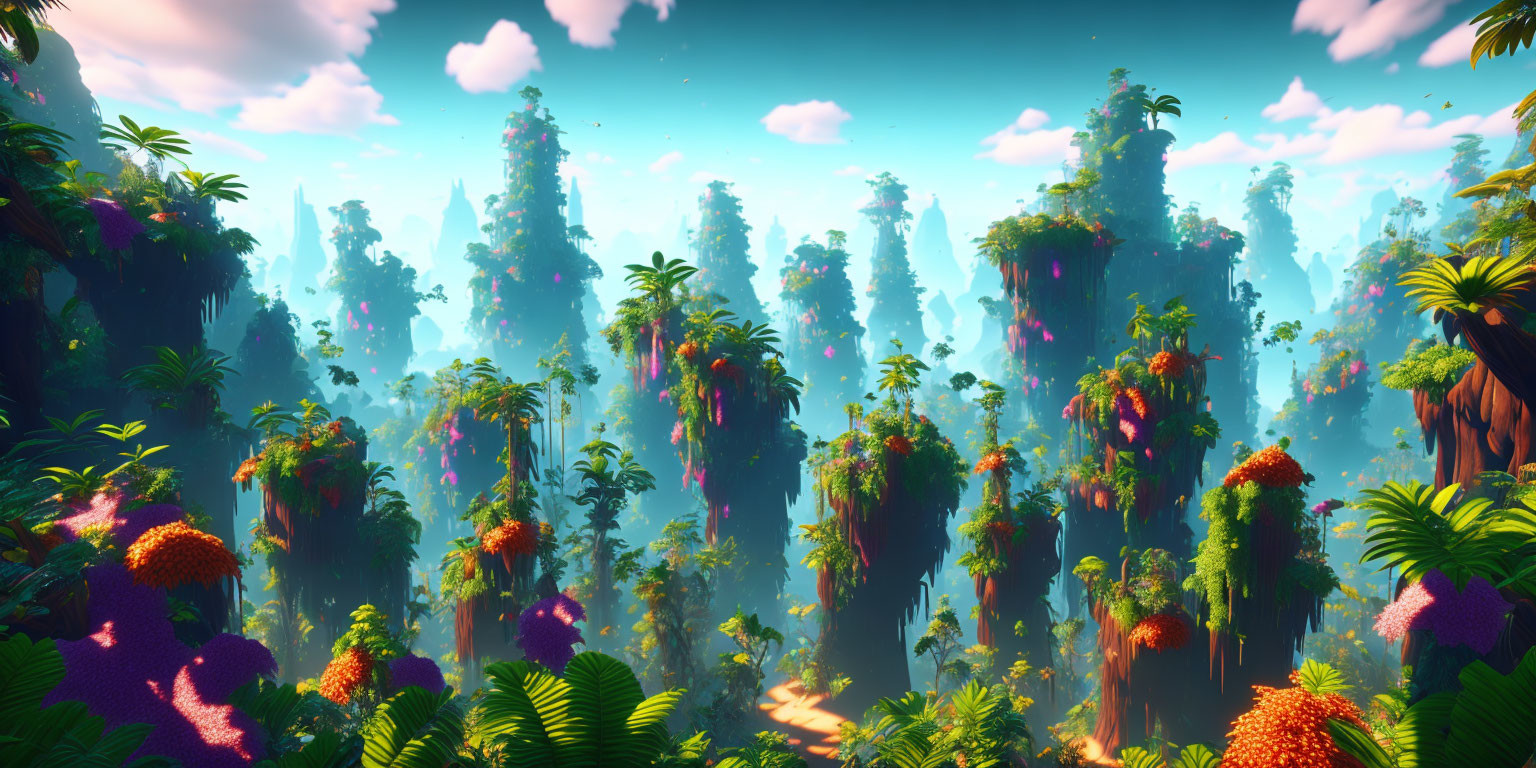 Lush forest with towering trees and floating islands under clear blue sky