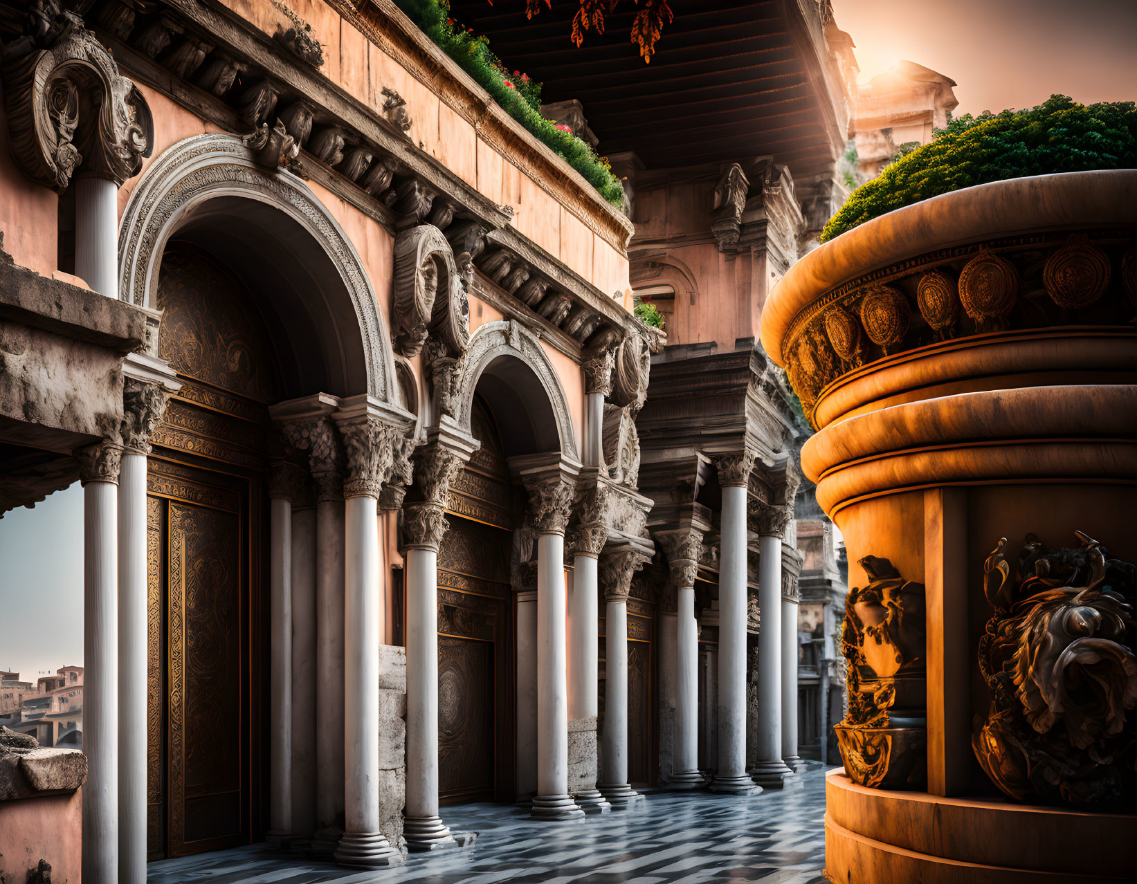 Arched corridor with columns, sculptures, and topiaries in warm light