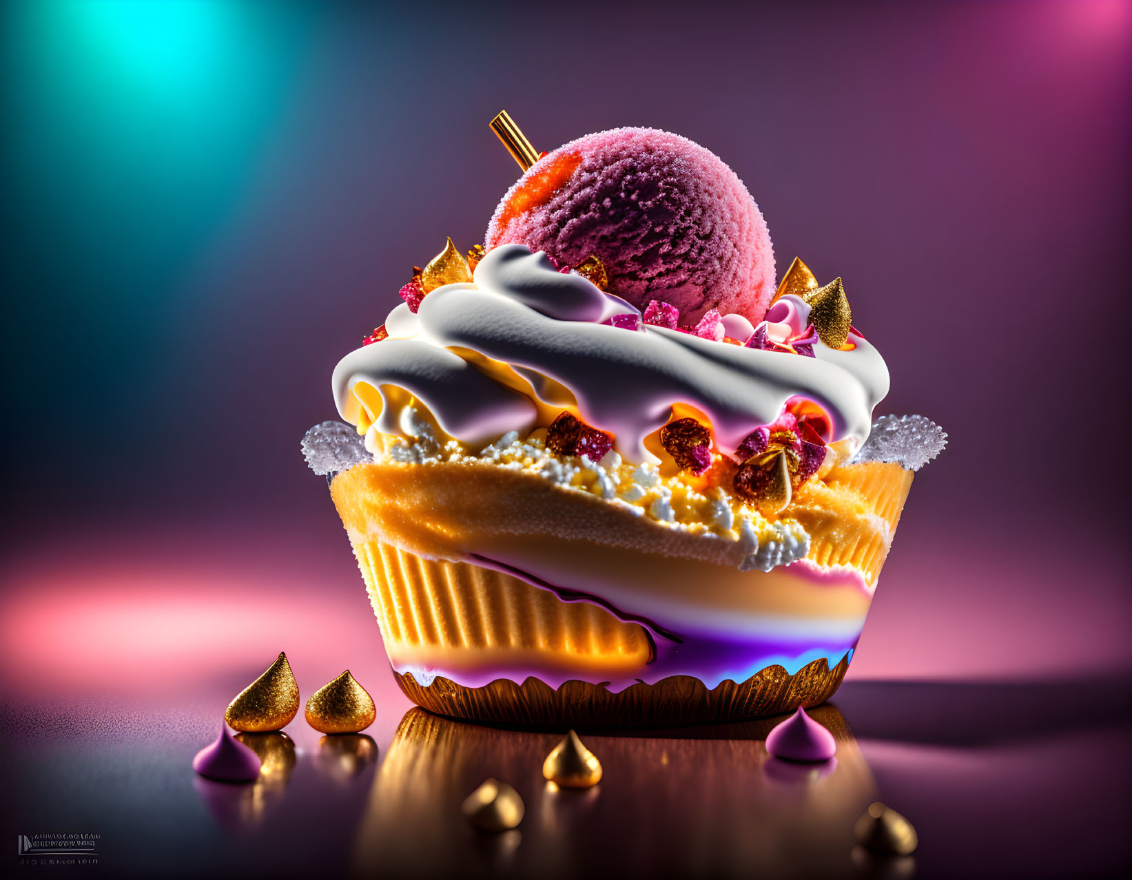 Colorful Tart with Whipped Cream, Purple Ice Cream, and Fruit Garnishes