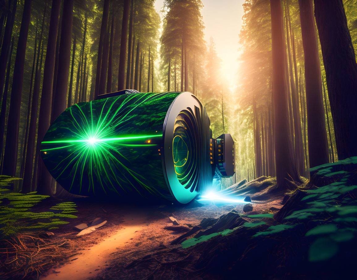 Futuristic cylindrical vehicle with green glowing patterns in vibrant forest