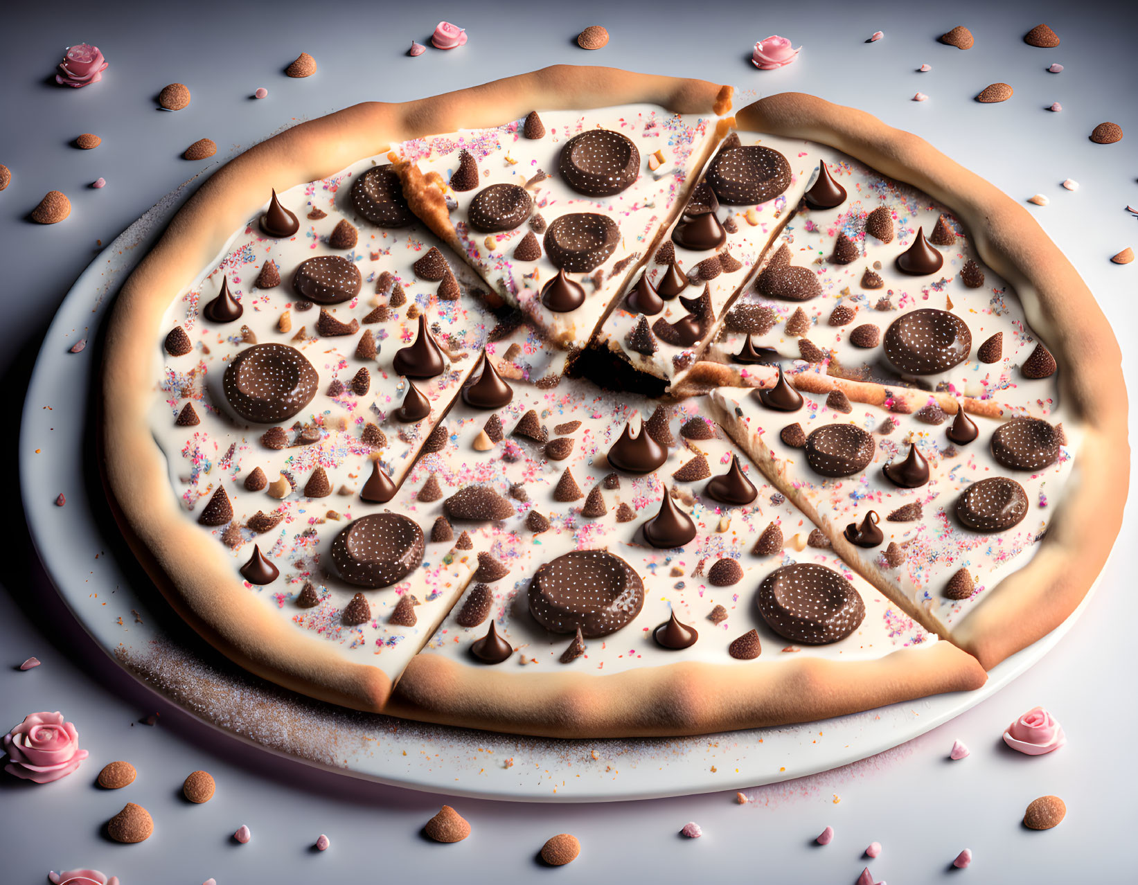 Dessert pizza with chocolate, sprinkles, cream, and rose icing decorations