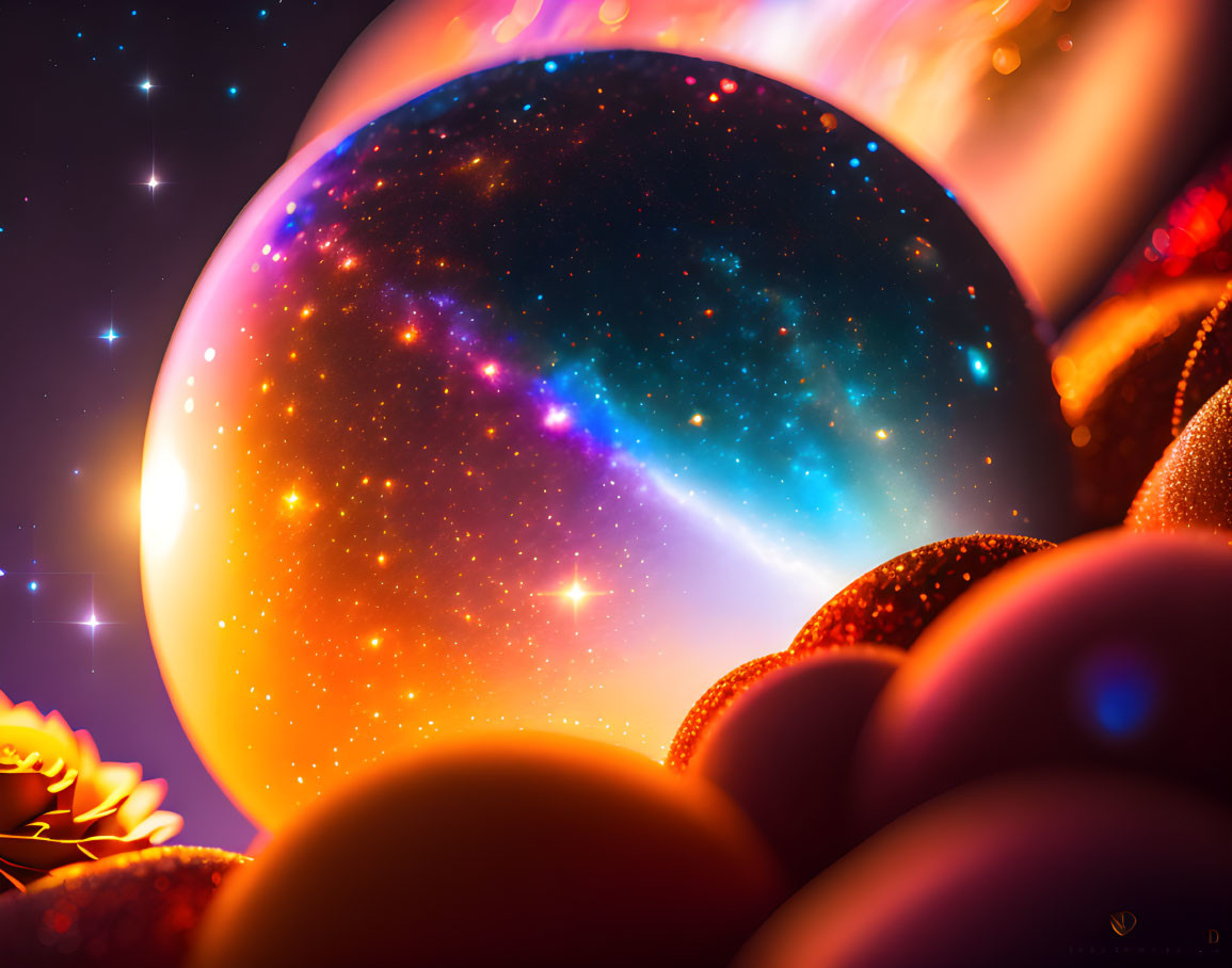 Colorful cosmic digital artwork with large planet and nebulae