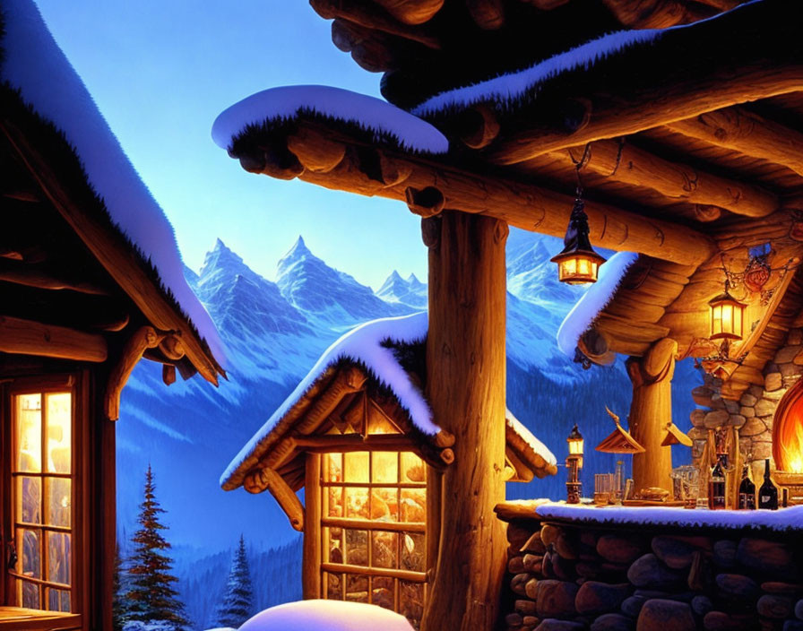 Cozy snow-covered log cabins in twilight mountains