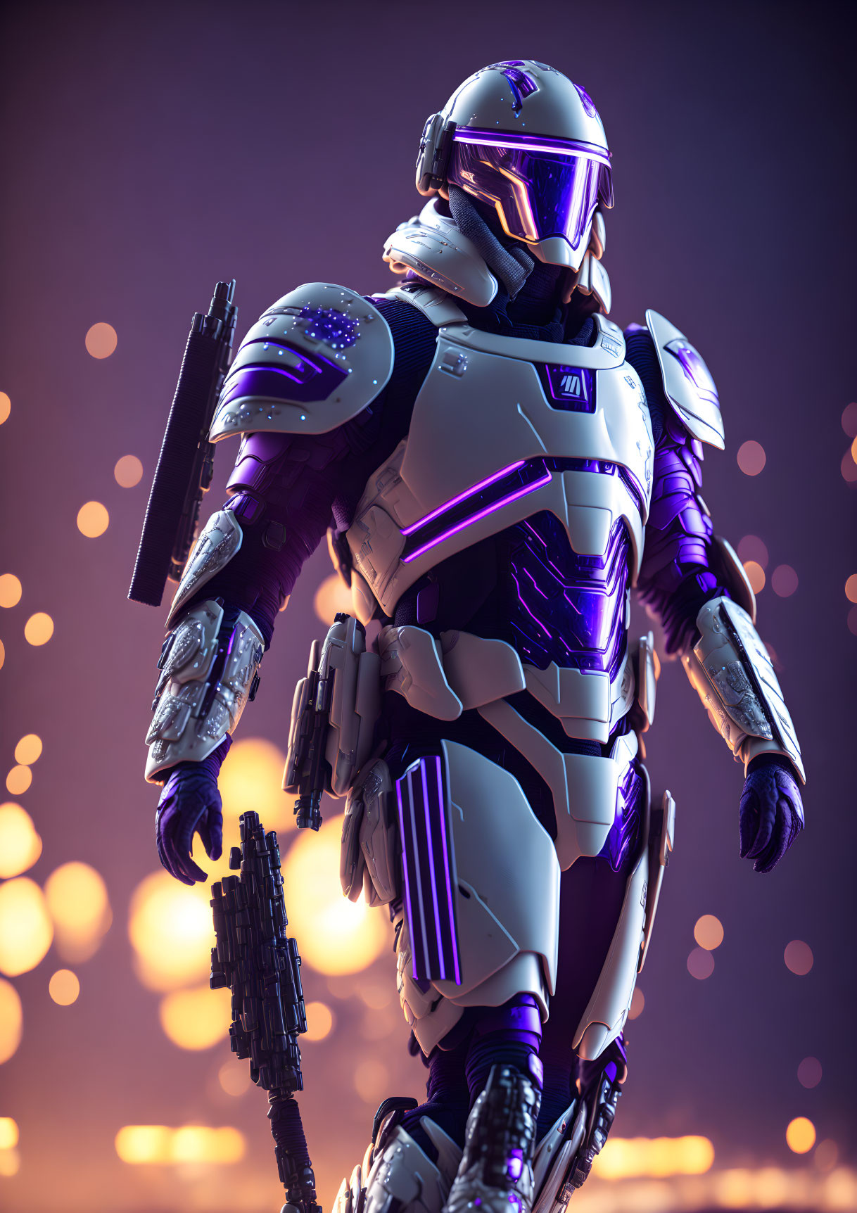 Armored soldier with rifle and blade on bokeh background