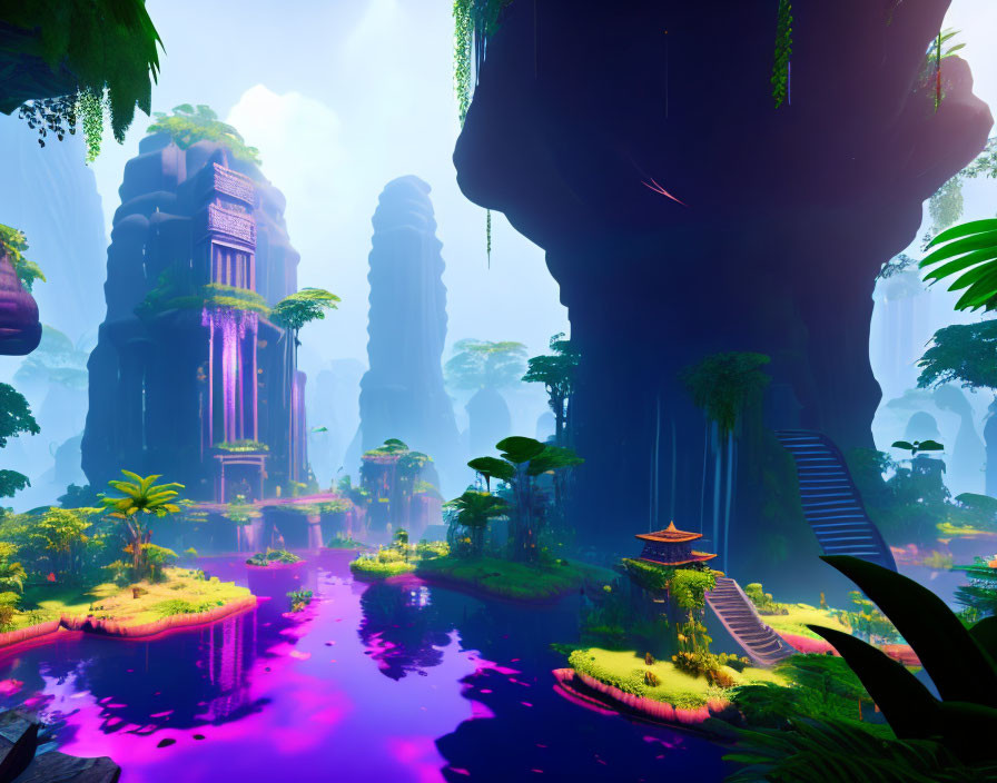 Mystical landscape with lush vegetation, rock pillars, temples, and purple-tinted water under