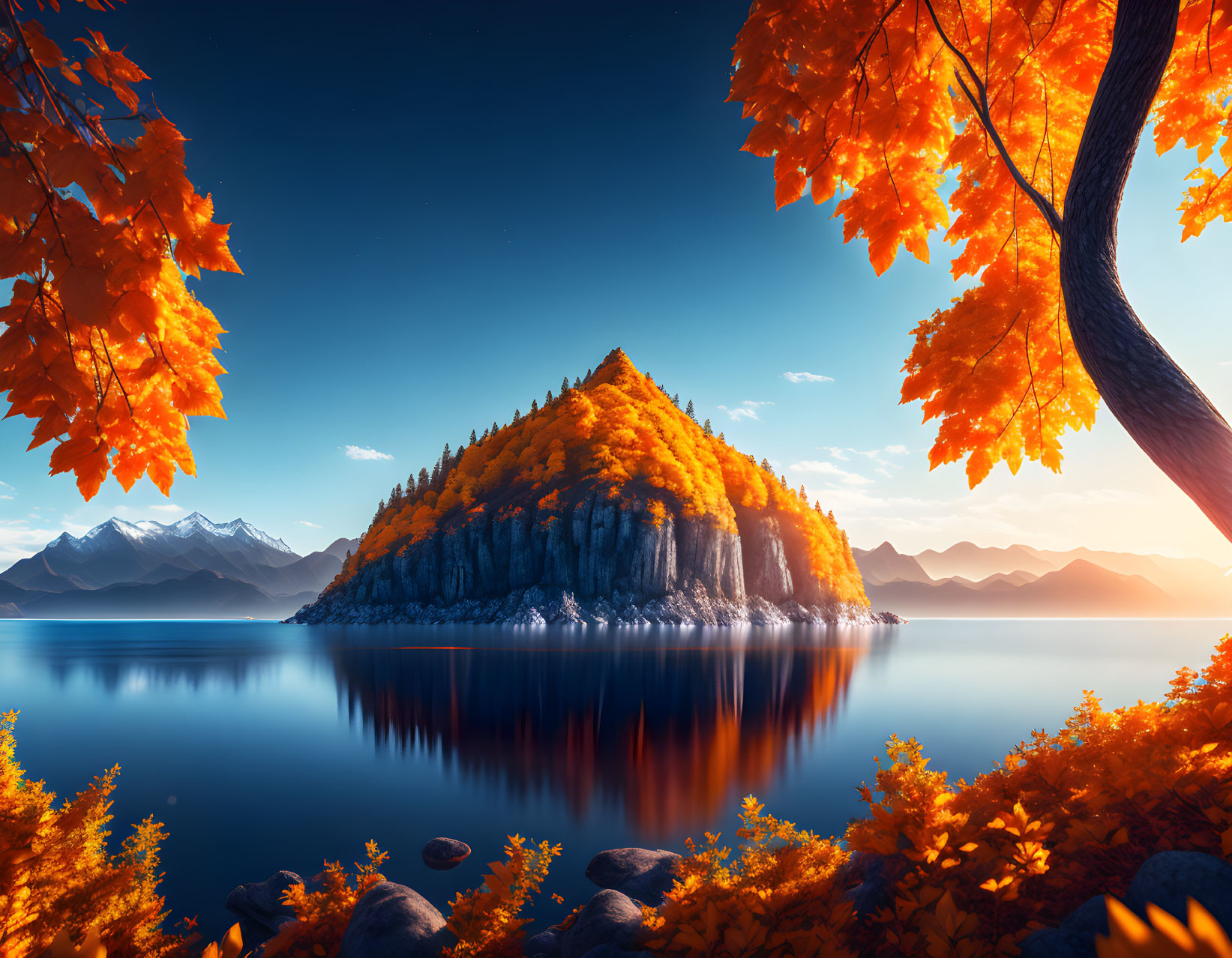 Vibrant orange-leafed island in calm lake with distant mountains under clear blue sky