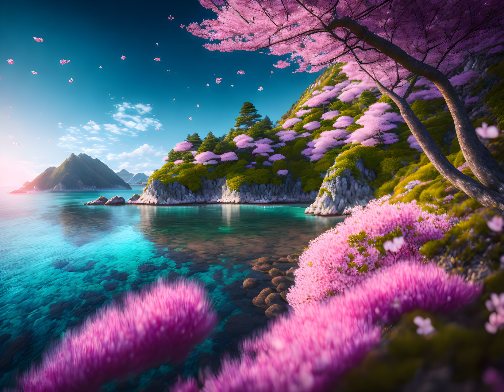 Tranquil Coastal Landscape with Pink Cherry Blossoms