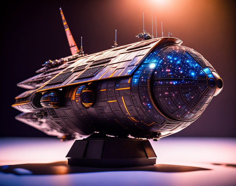 Detailed Futuristic Spaceship Model with Starry Texture on Stand Against Purple and Orange Backdrop