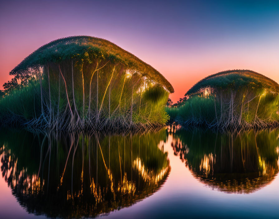 Scenic sunset over calm lake with dome-shaped trees and exposed roots