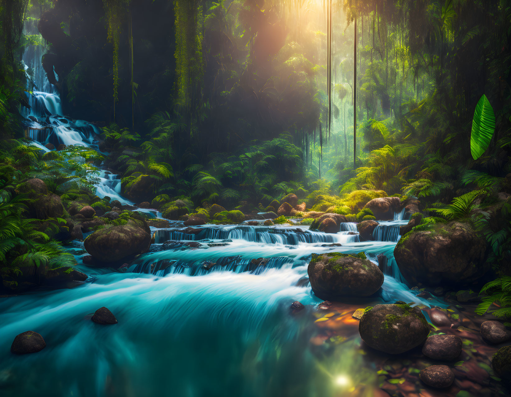 Tranquil waterfall in sunlit tropical forest