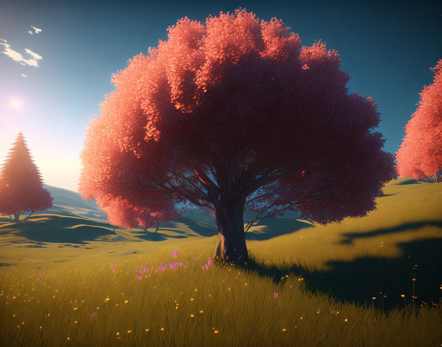 Vibrant pink tree on grassy hill at sunset