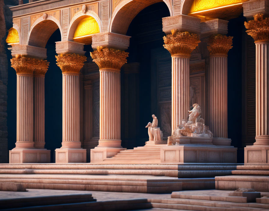 Roman-style Building Interior with Corinthian Columns and Statue