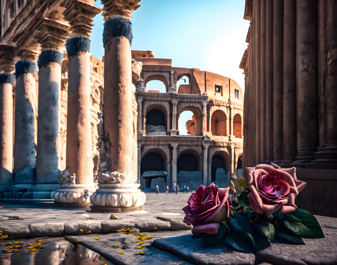 Purple roses on ancient stone steps with Roman-style columns and arches in warm sunlight