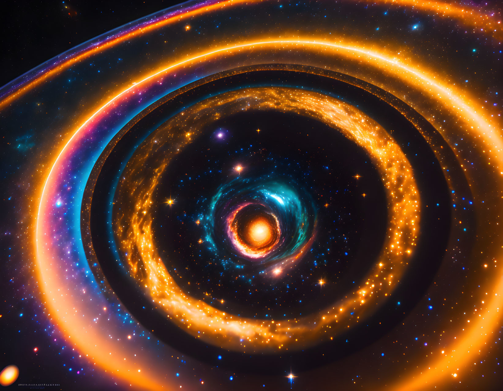 Colorful Spiral Galaxy Artwork with Bright Stars & Rings