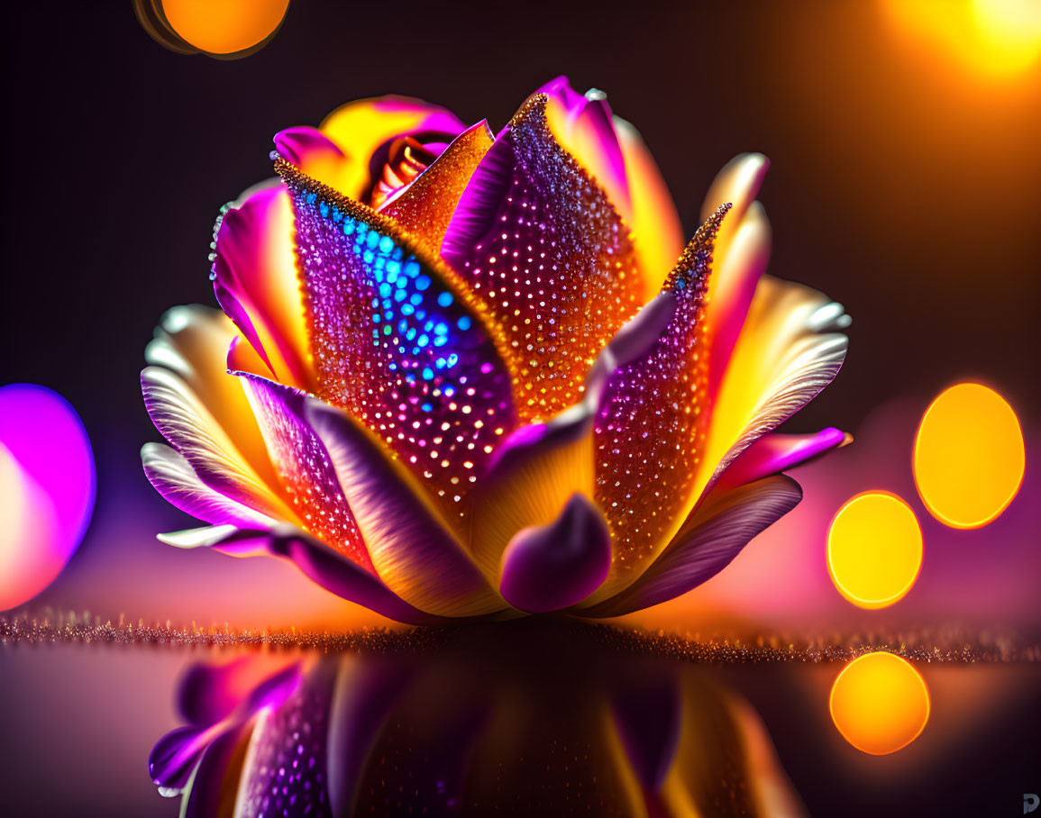 Colorful glowing flower digital art with bokeh light effect