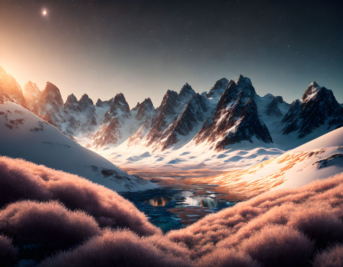 Snow-covered mountains, reflective river, pink grass - serene dusk landscape