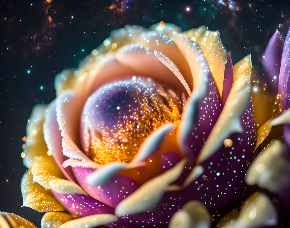 Surreal rose blending into cosmic galaxy with stars and nebulae