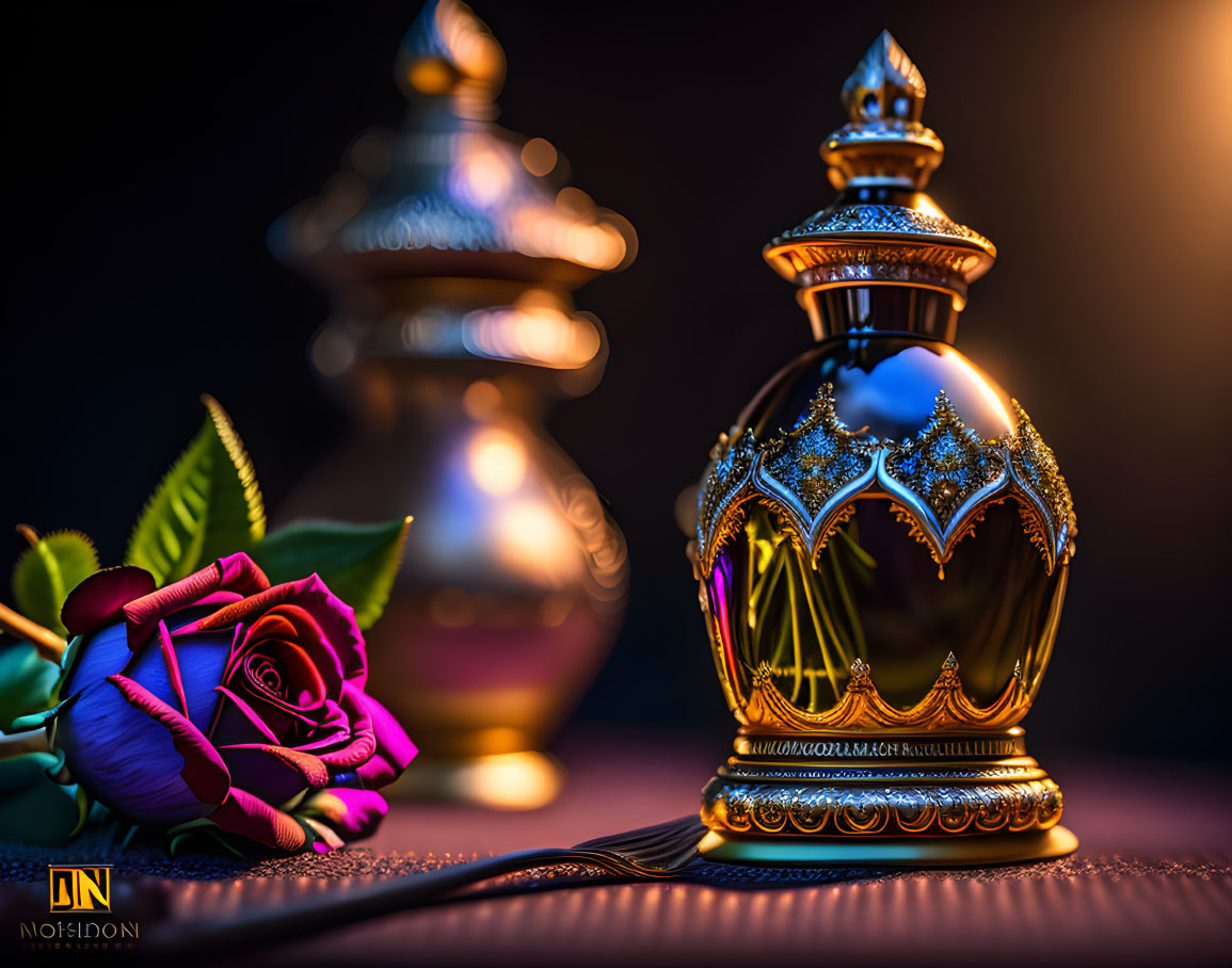 Intricate golden designs on perfume bottle with red rose and warm light background