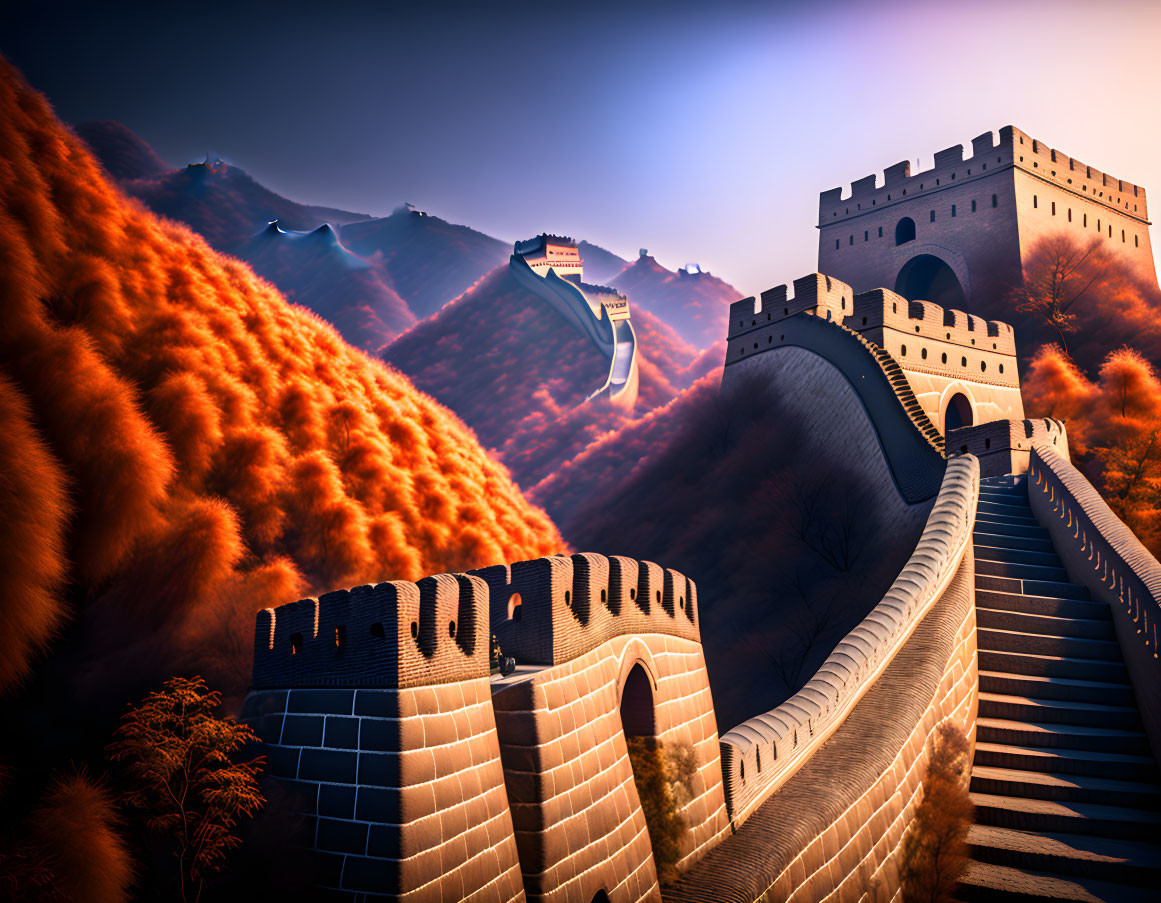 Iconic Great Wall of China in fiery autumn landscape at sunset