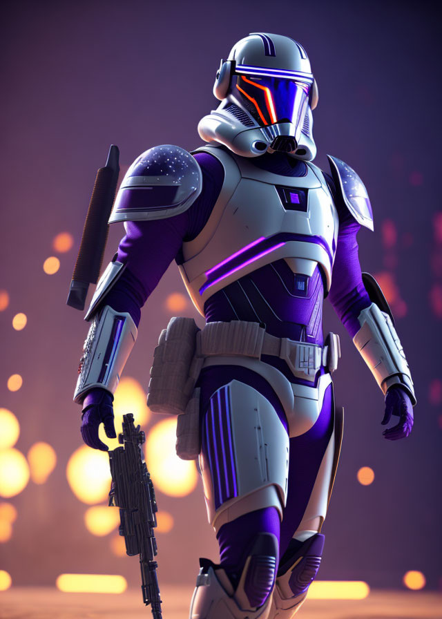 Futuristic soldier in white and purple armor with rifle in front of glowing orange lights