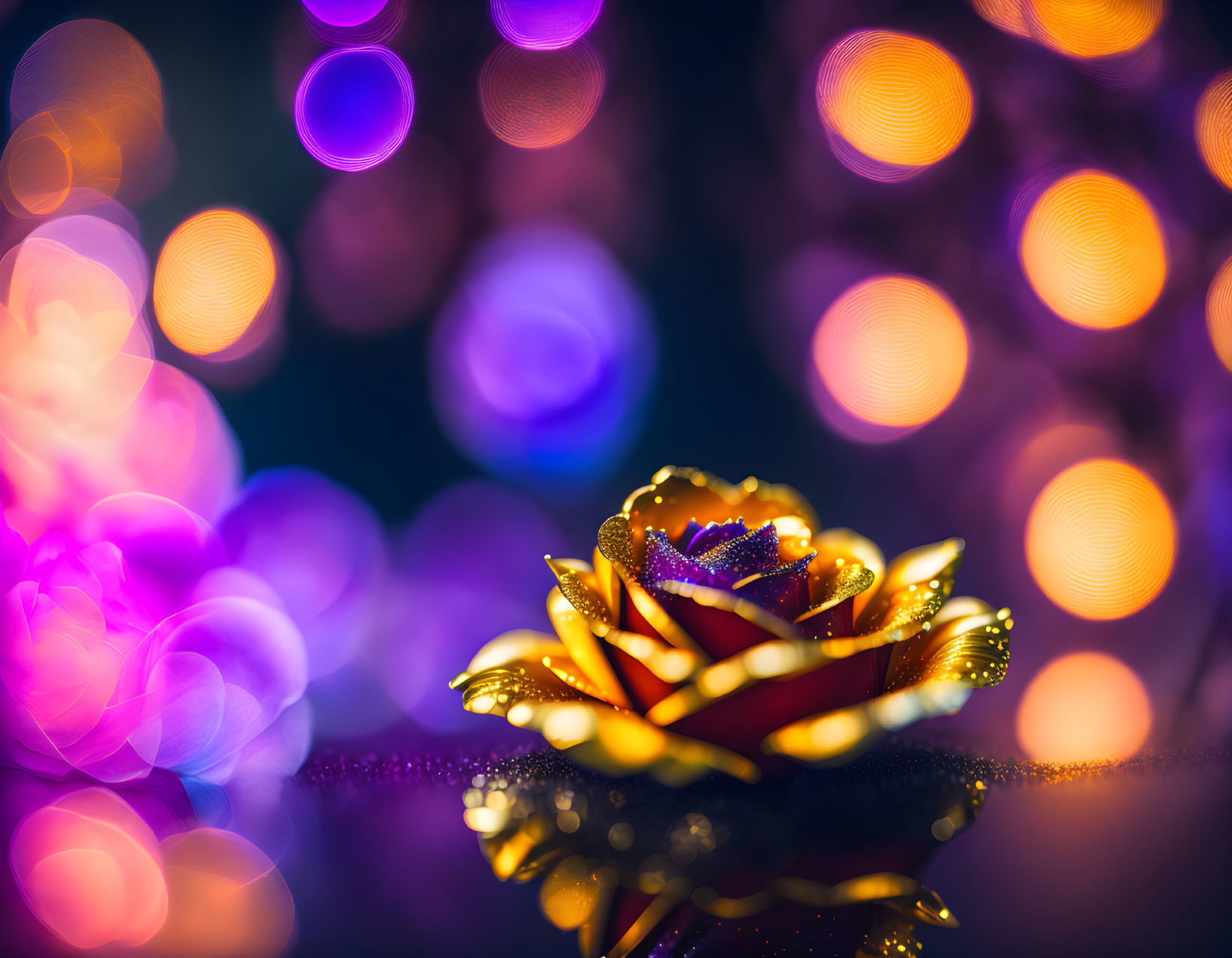 Vibrant golden rose with glittering edges on purple and orange bokeh background