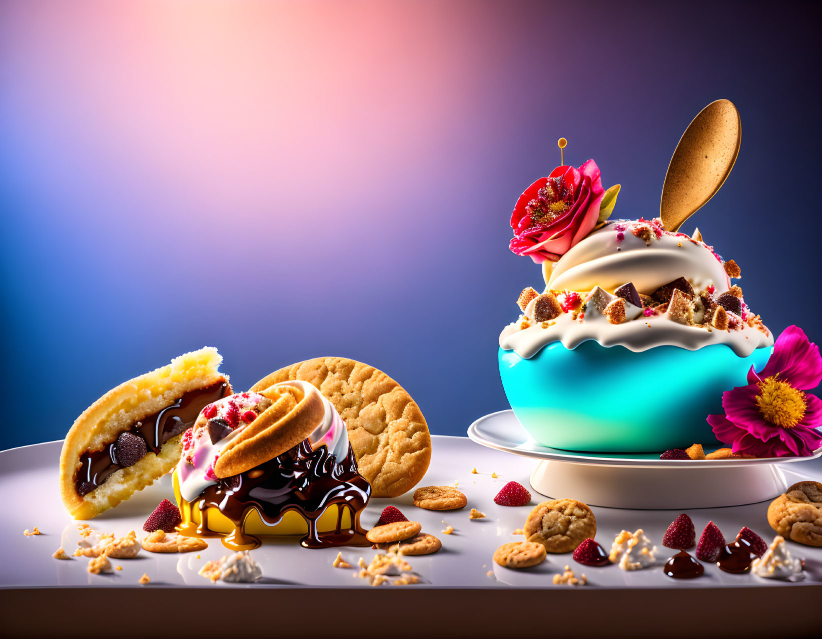 Vibrant dessert arrangement with levitating elements on gradient background