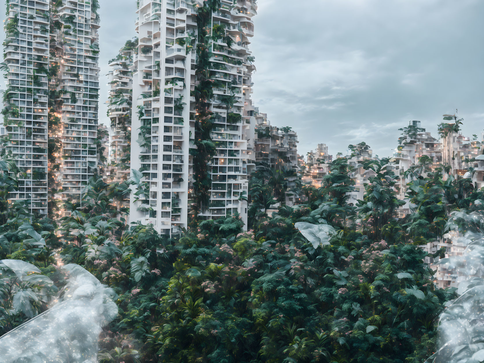 Cityscape with high-rise buildings and greenery under cloudy sky