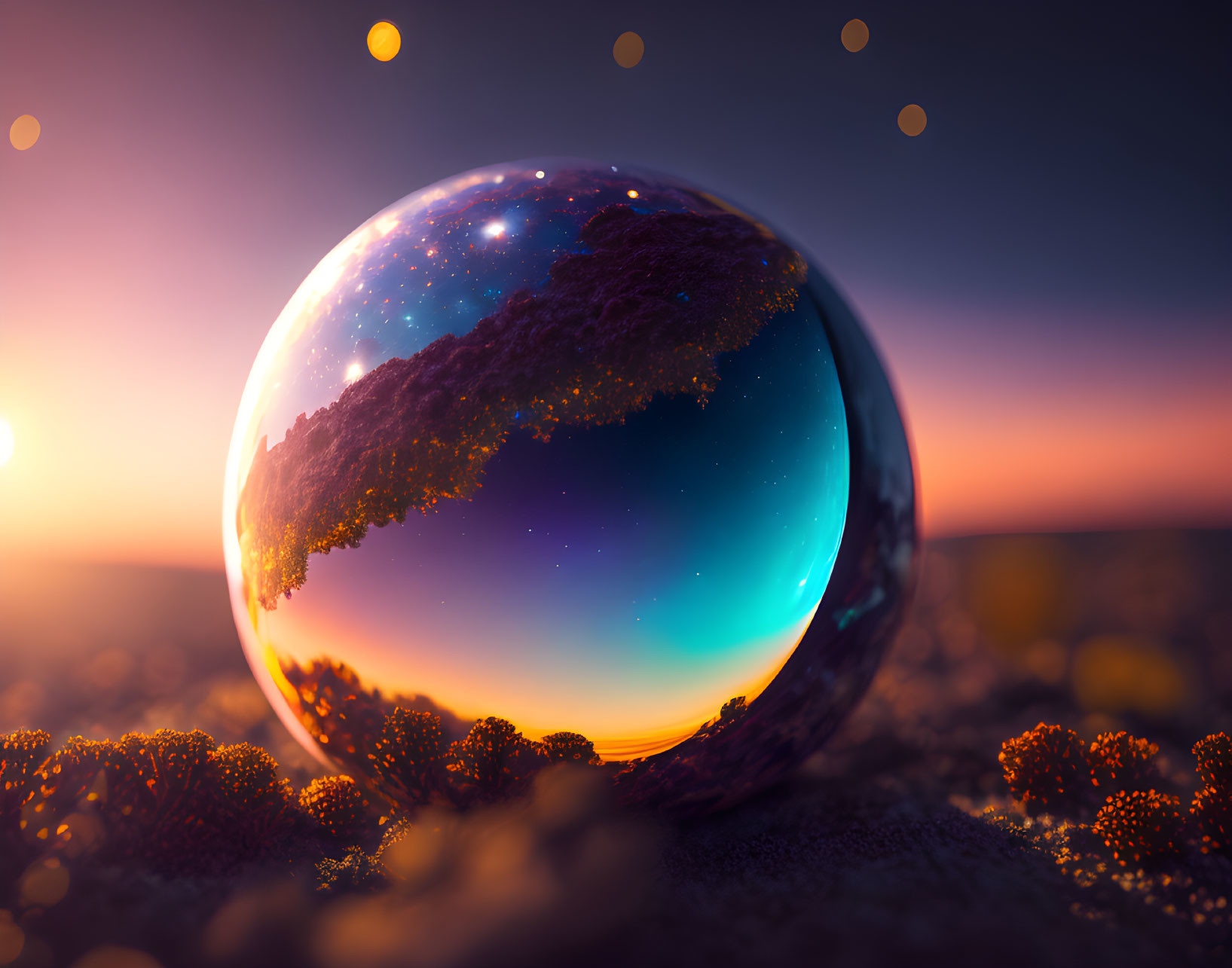 Reflective sphere showcasing vivid sunset landscape with silhouette vegetation under starry dusk sky amid field of flora