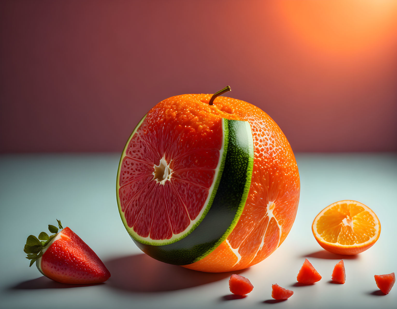 Colorful Fruit Art: Orange with Strawberry, Lime, and Tangerine slices