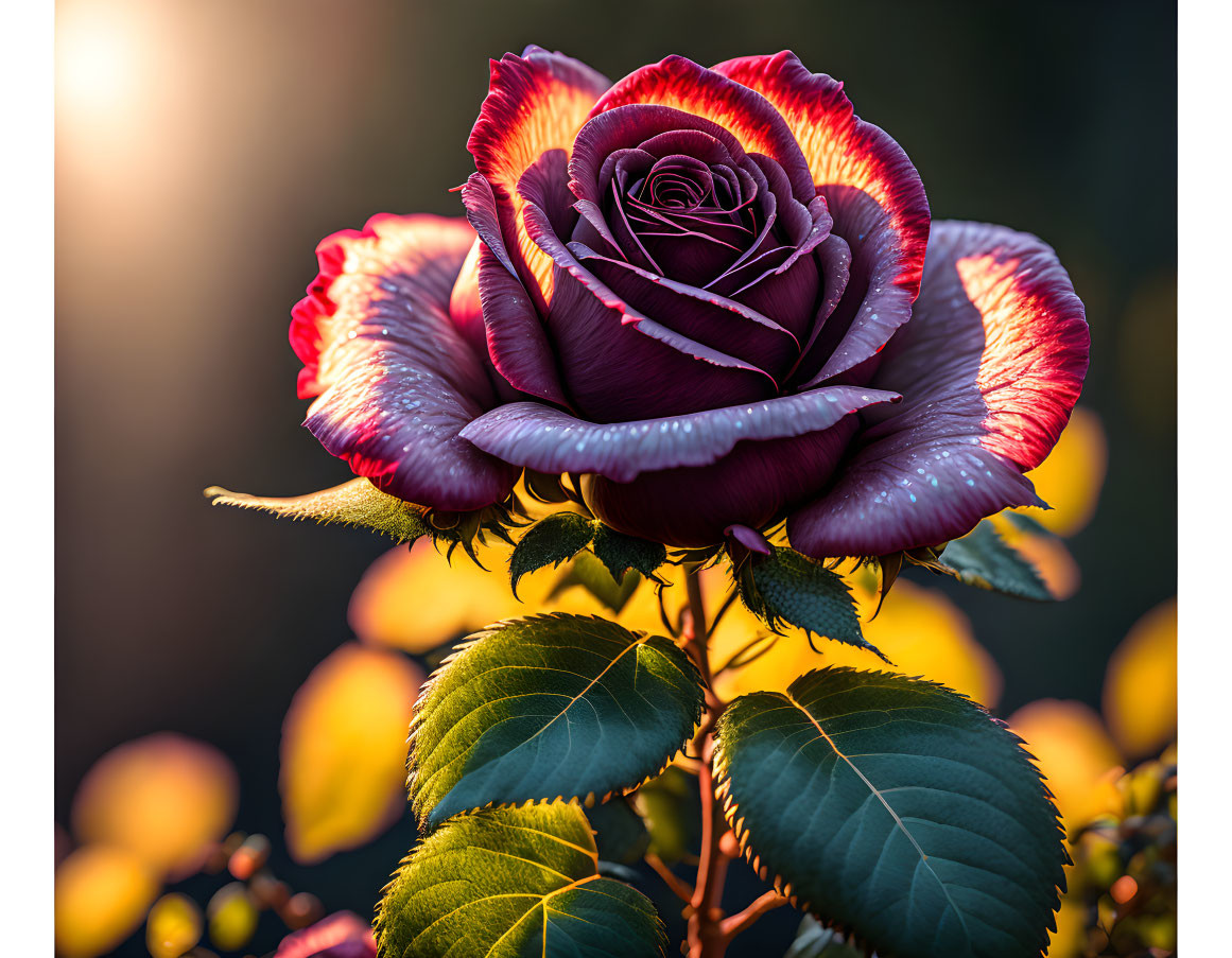 Vibrant Purple Rose in Sunlight on Bokeh Background