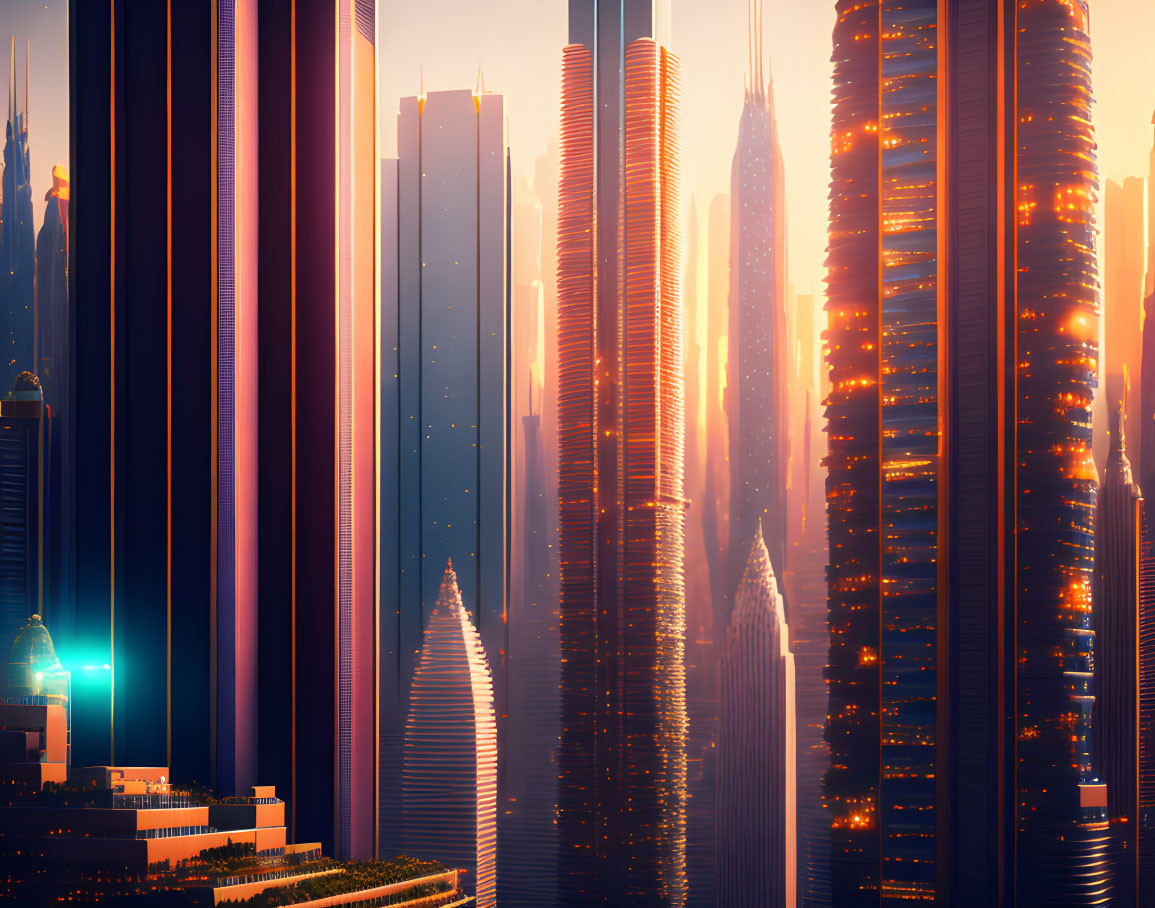 Sunset futuristic cityscape with towering skyscrapers and sleek architectural designs