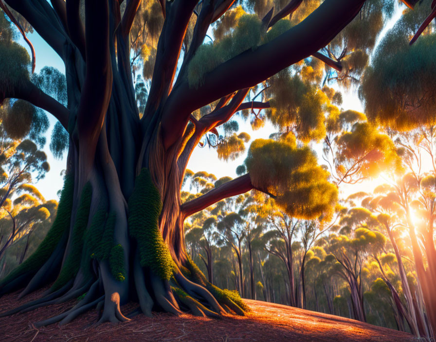 Sunset illuminates majestic tree in forest landscape