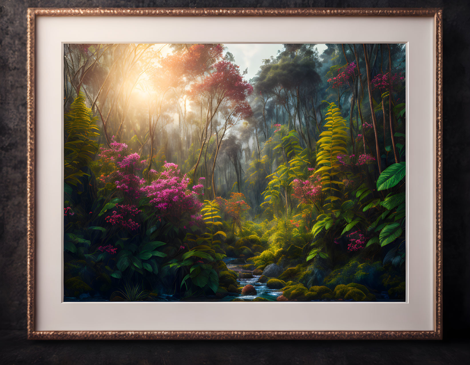 Tranquil forest scene with brook and pink flowers