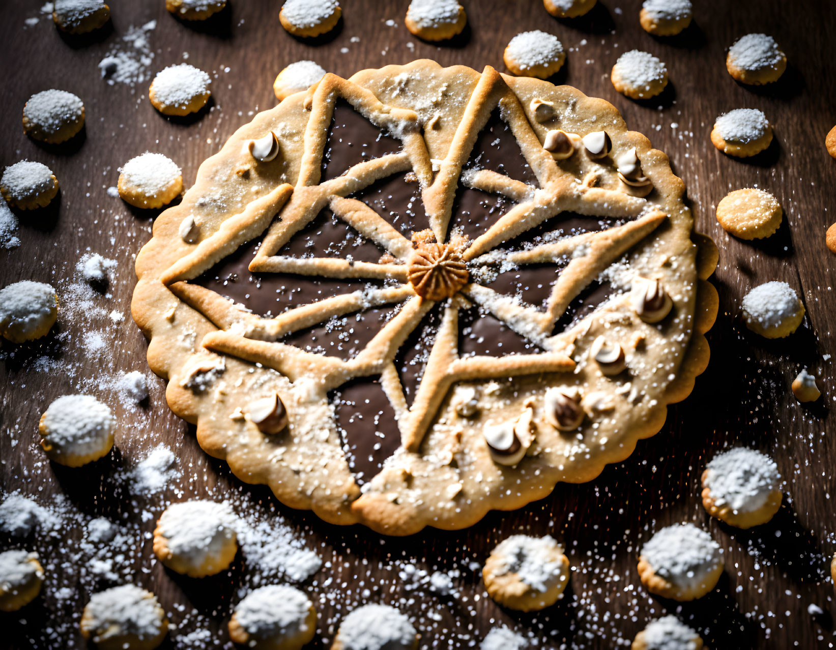 Star-shaped pattern tart surrounded by powdered sugar pastry rounds